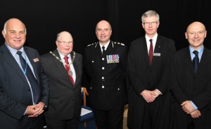 Chair of Governors Reg Haslam with Peter Carey, Deputy Mayor of Warrington, Chief Constable David Whatton, Deputy Pincipal Matthew Grant and Principal Mike Southworth